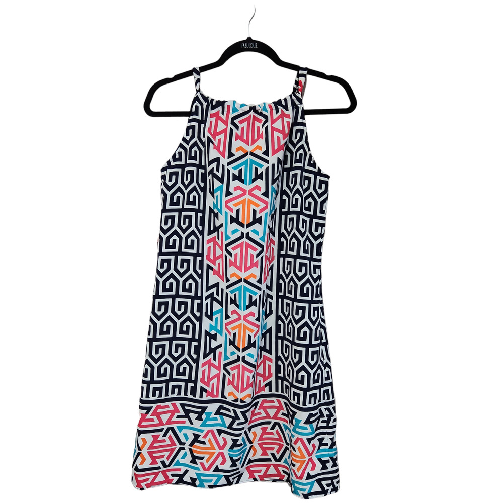 Crown & Ivy Dress Womens Small Halter Knee Length Black Hot Pink Blue Geometric